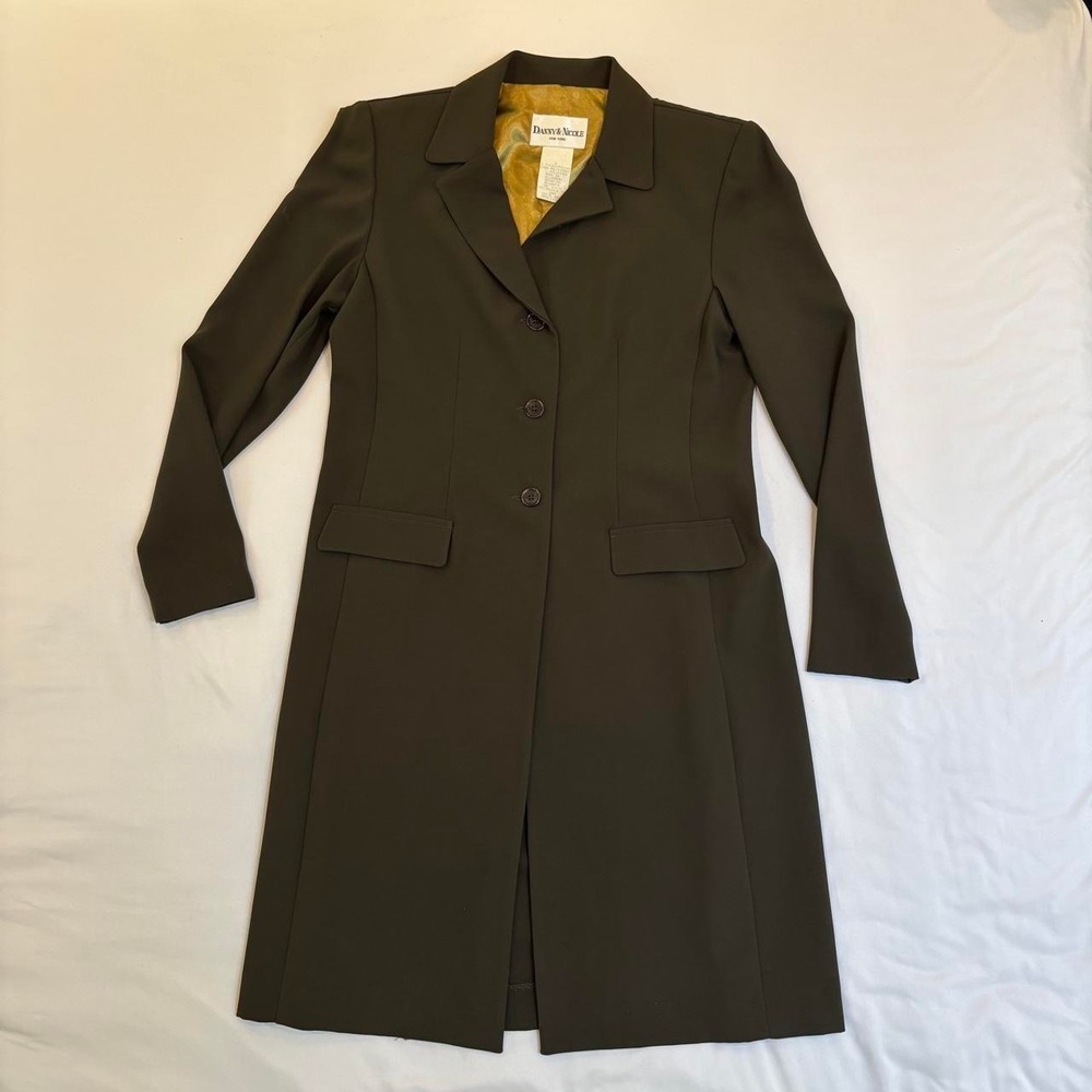 Olive Green Fitted Duster Topper Coat Jacket Vintage 90s - Picture 8 of 8